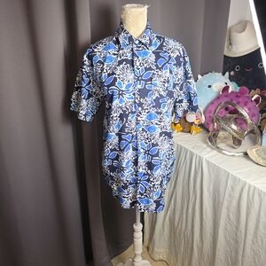 IZOD Men’s Blue Floral Hawaiian Shirt Button Down Tropical Print Medium